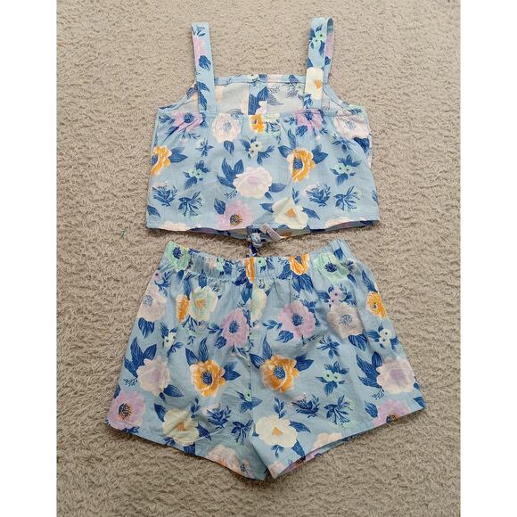 B Tween 2Pc Set 7 Girls Top Shorts Floral Blue Cotton Blend - Picture 2 of 4